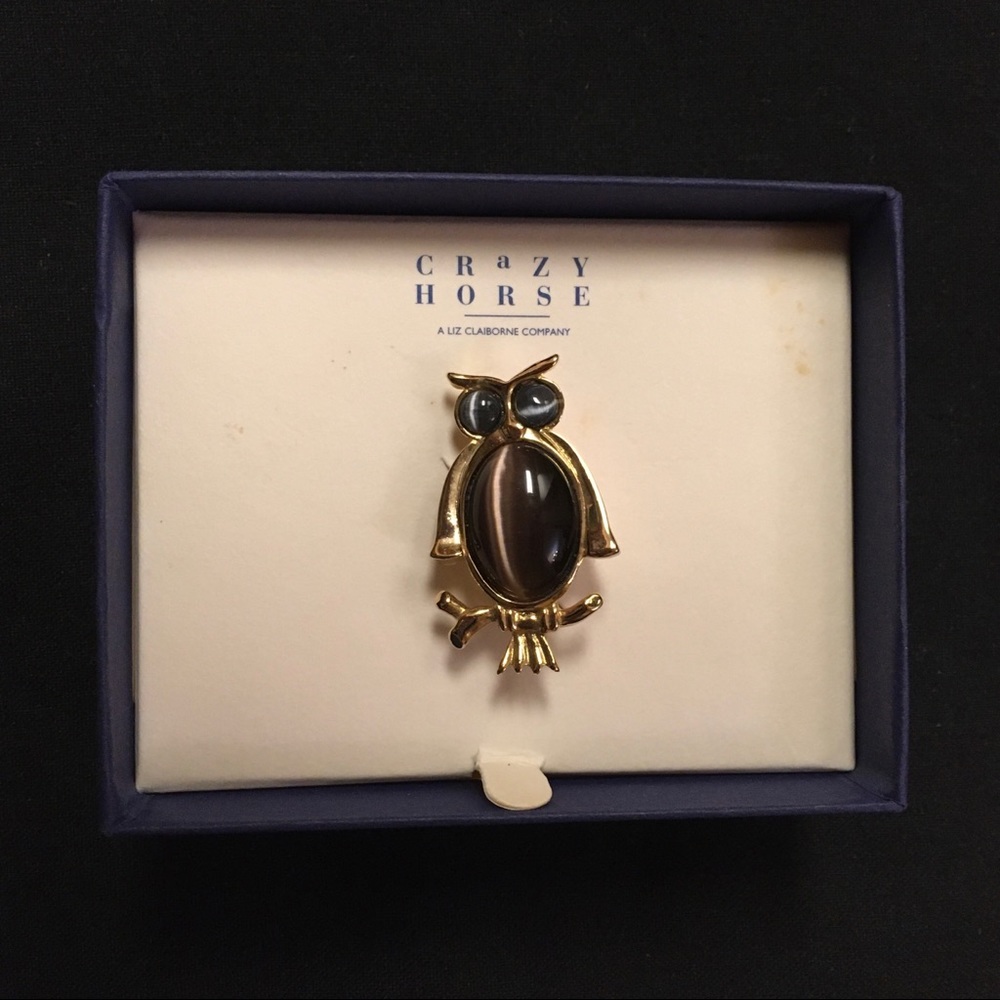 Owl Pin Crazy Horse Liz Claiborne Gold Tone Brown & Gray Stones Winking